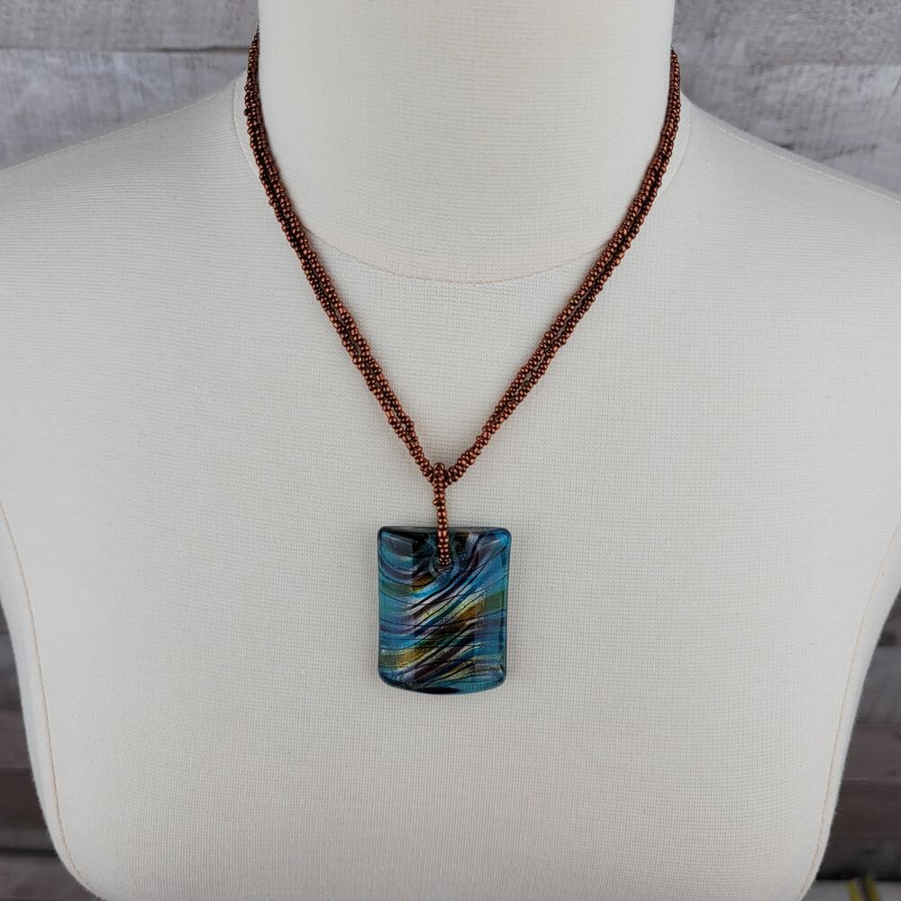 Art Glass Necklace Pendant Copper Brown Seed Bead Iridescent Blue Rainbow Ocean